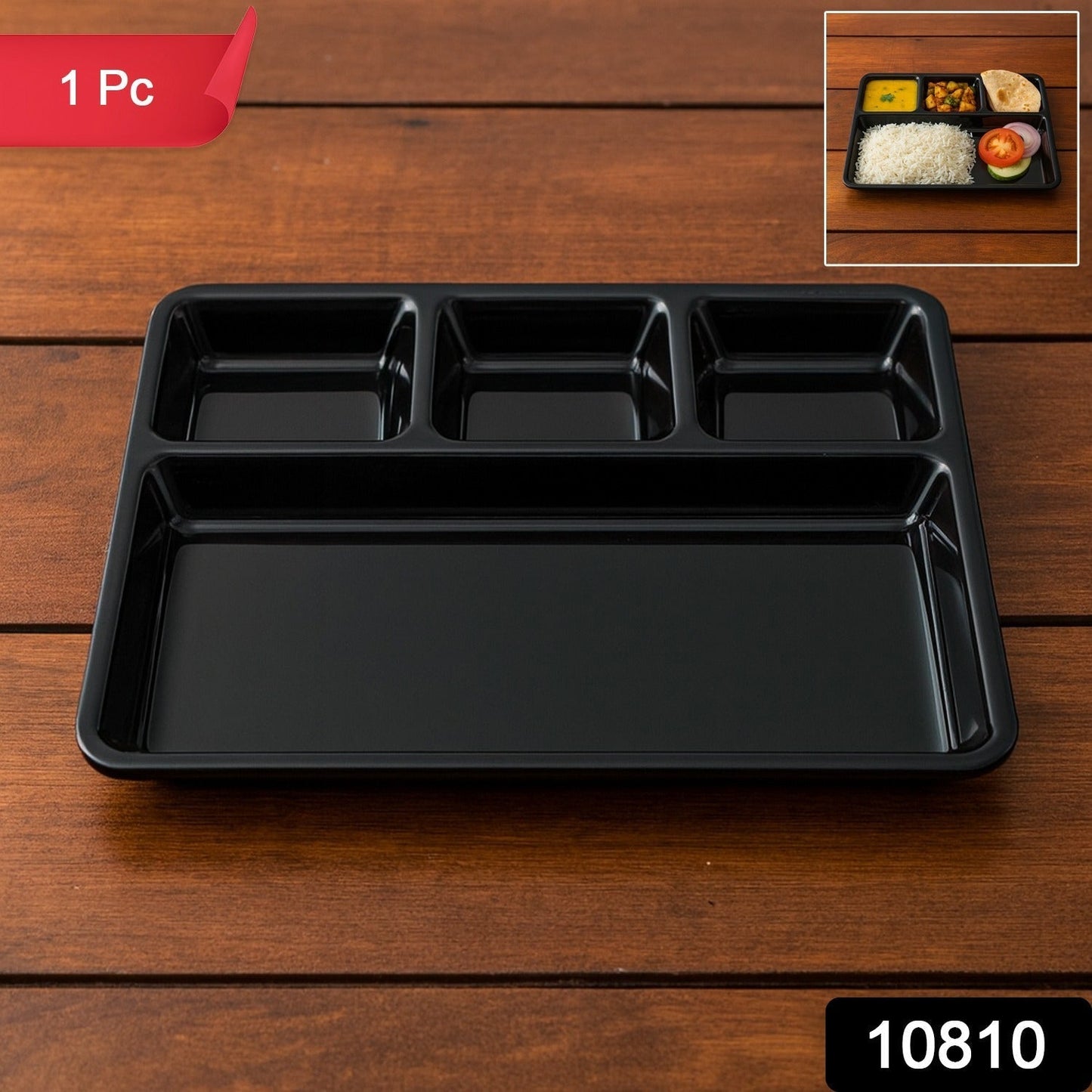 Plastic 4-Compartment Rectangular Meal Serving Tray â€“ Sectioned Dining Plate (1 Pc)