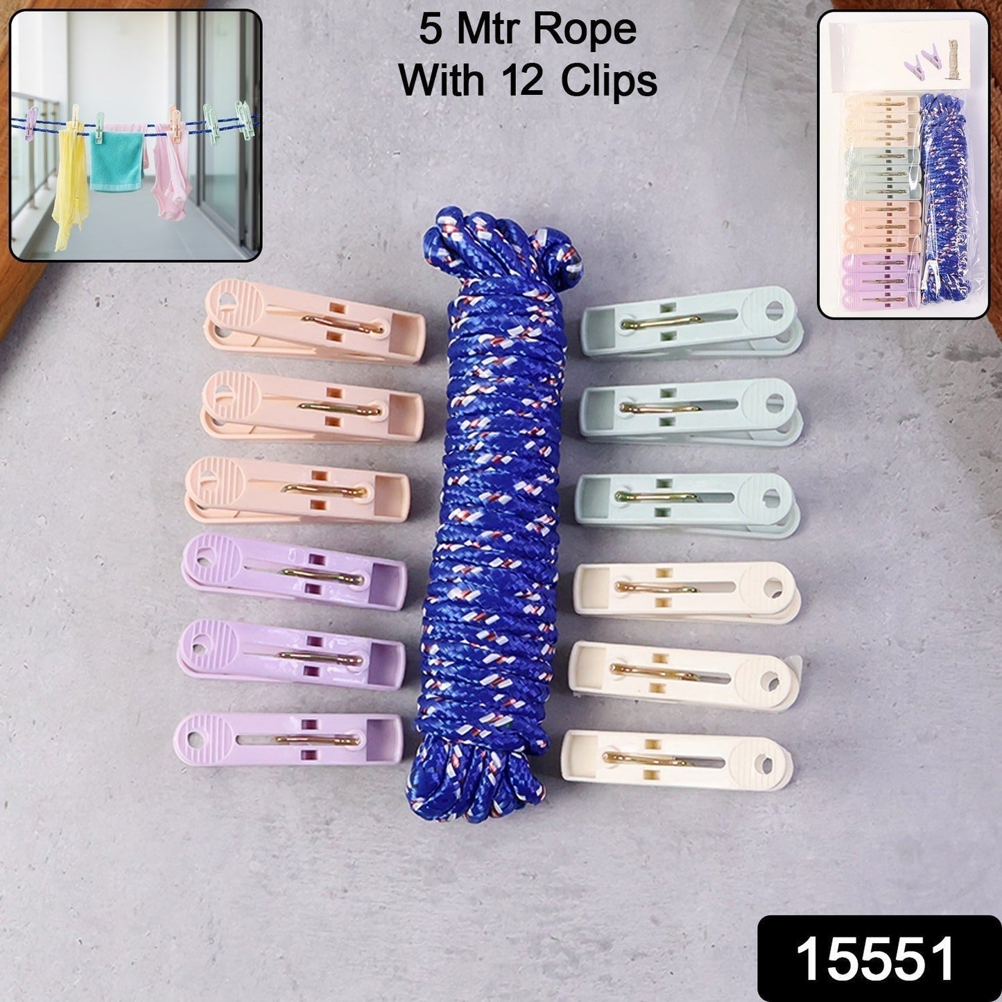 Clothesline Rope 12 Clips â€“ 5 Meter Approx Heavy Duty Laundry Drying Rope with Clip