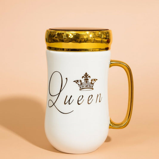 Premium Queen Ceramic Mug with Lid | Luxury Golden Handle & Crown Print | Stylish Tea & Coffee Cup for Women | Elegant Gift Mug for Wife, Girlfriend, Sister, Mom | Heat-Retaining Lid | Designer Mug for Home & Office (White â€“ Queen Edition)