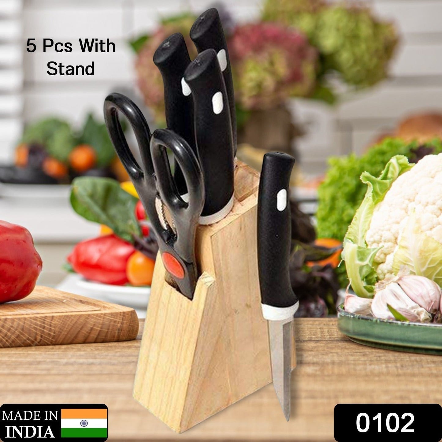 Kitchen Knife Set with Wooden Block and Scissors, Chhari (5 pcs, Black)