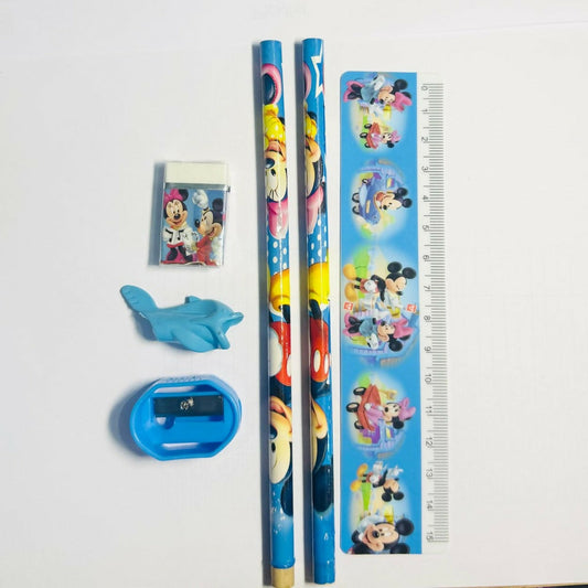 Kids Cartoon Stationery Set with 2 Pencils, Ruler, Eraser, Sharpener & Grip