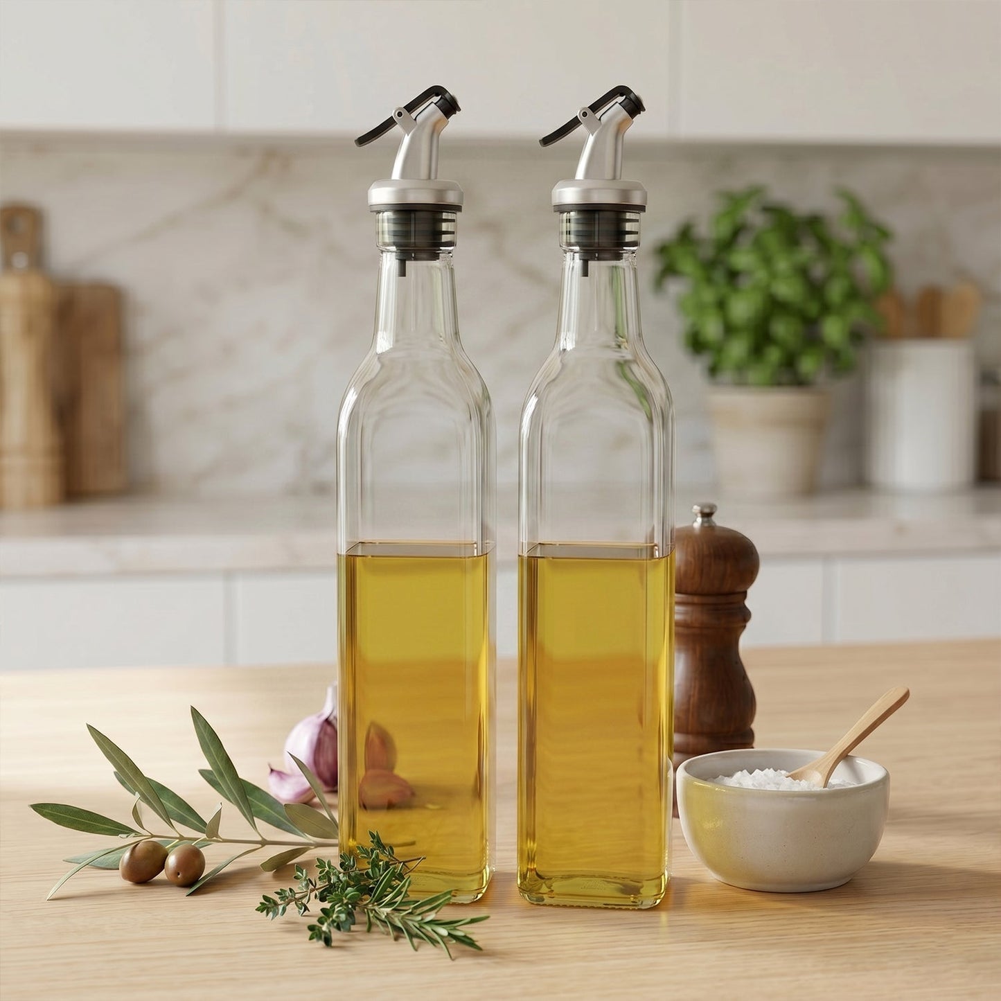 Glass Oil Dispenser Bottle Transparent Leak Proof Olive Oil Vinegar (2 Pc Set)