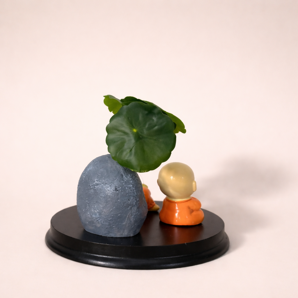Cute Zen Monk Couple with Mini Planter Decorative Showpiece (ANY COLOR)