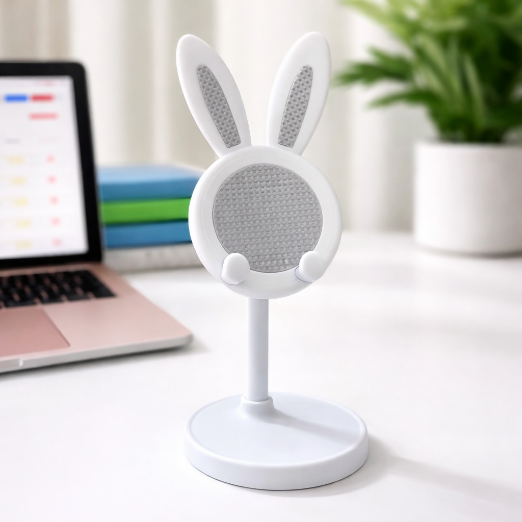 White Adjustable Bunny Ear Mobile Phone Stand Holder for Desk & Table