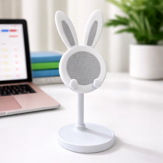 White Adjustable Bunny Ear Mobile Phone Stand Holder for Desk & Table