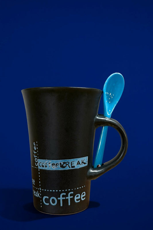 Black Ceramic Coffee Mug with Blue Spoon â€“ Stylish Office Mug