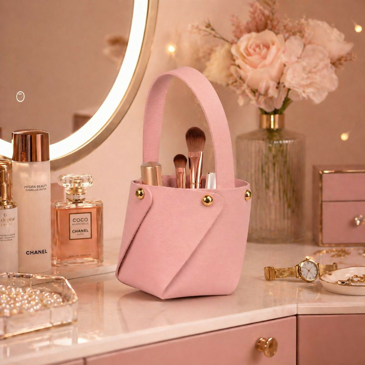 Pink Mini Bucket Handbag with Handle and Stud Detail Compact Size