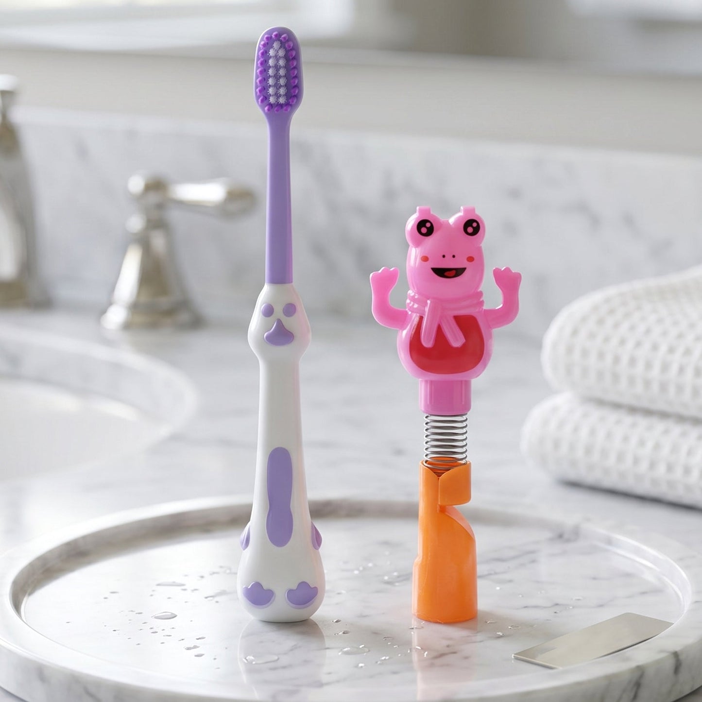 Kids Cartoon Spring Frog Toy With Toothbrush Set (2 Pc Set)