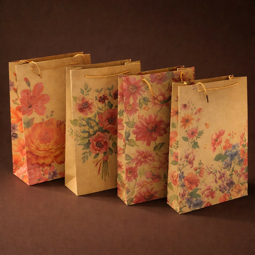 Medium Floral Printed Kraft Gift Bags with Handles Set of 4