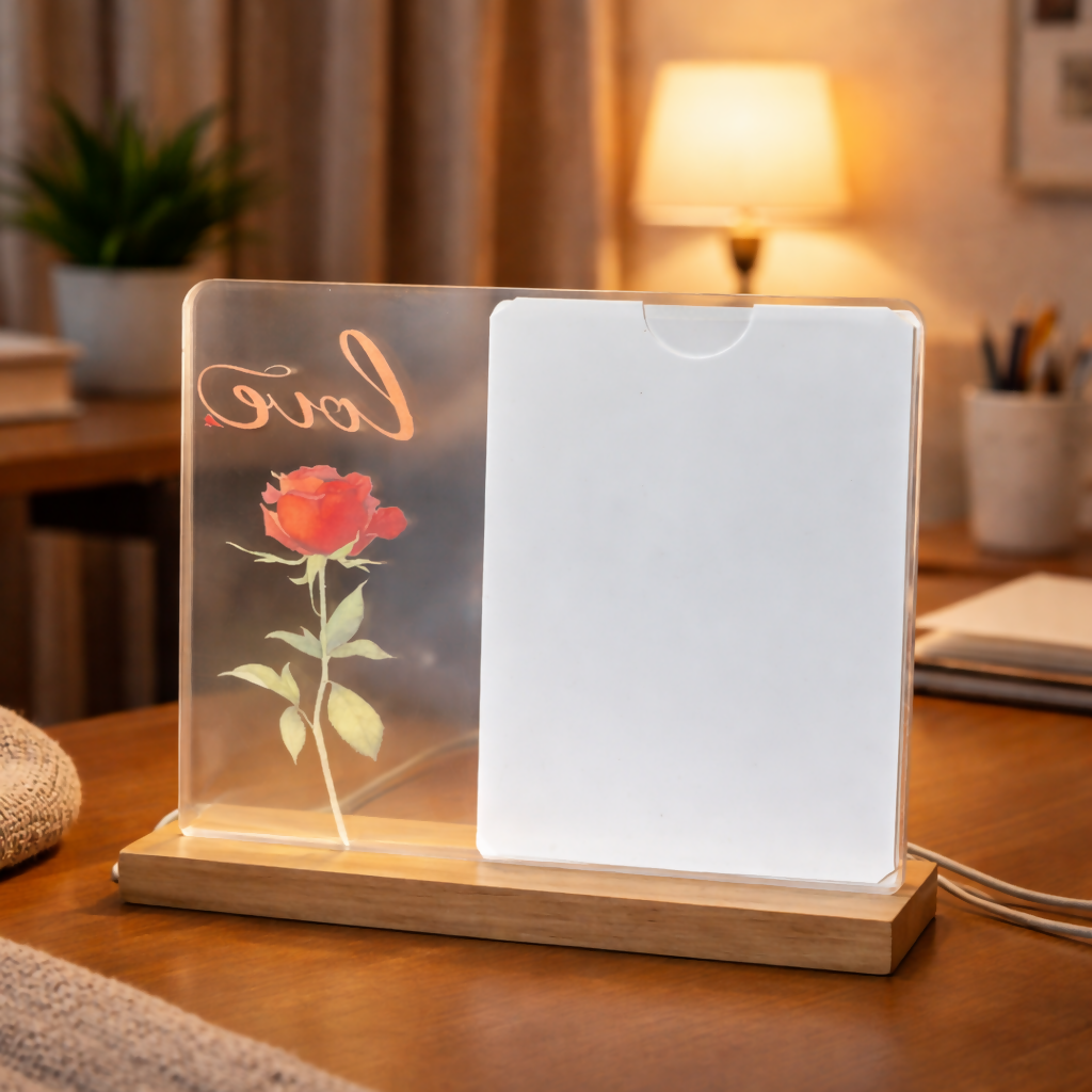 LED Acrylic Photo Frame with Rose Design & Wooden Base Decor