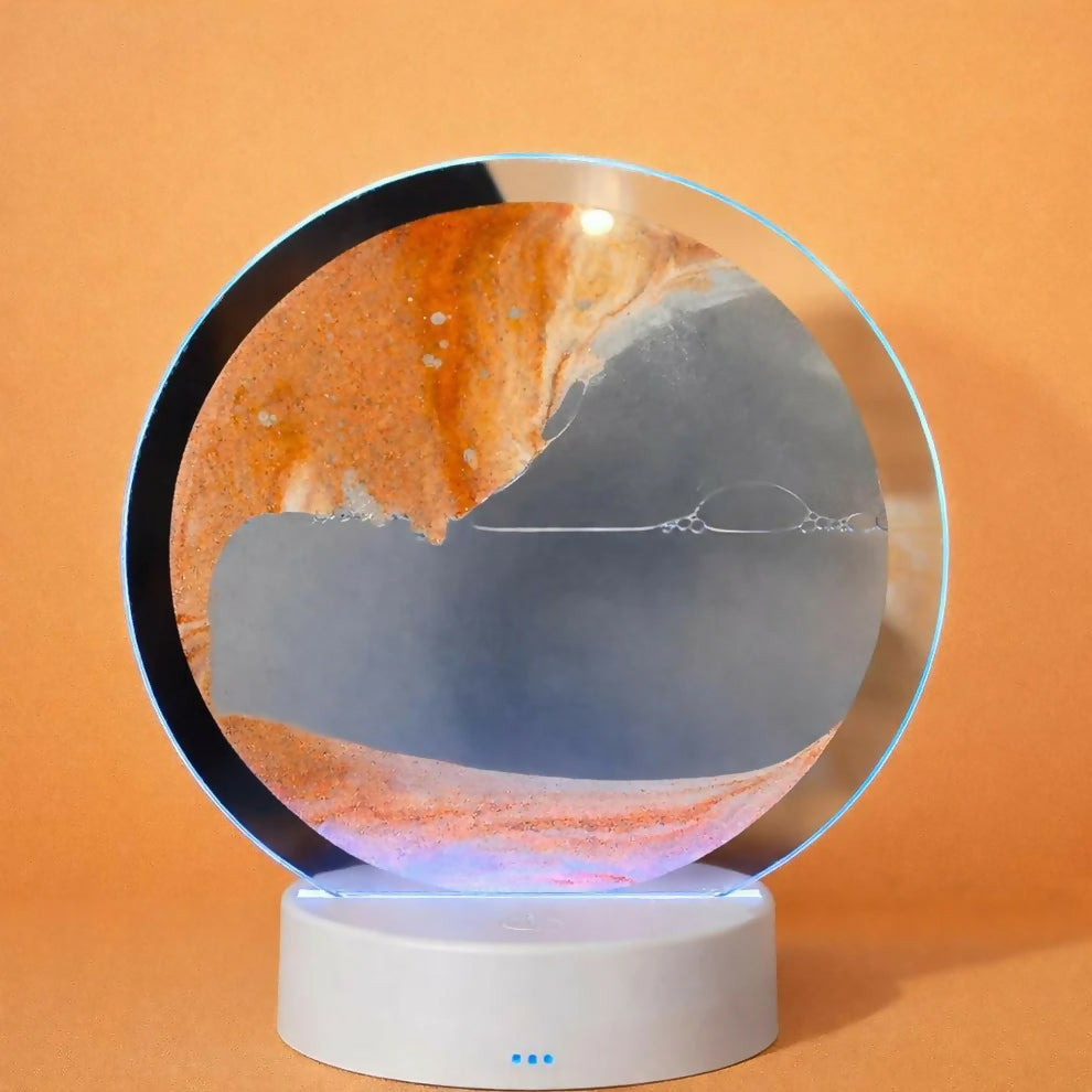 Orange Round Moving Sand Art LED Lamp with Flowing Landscape Design