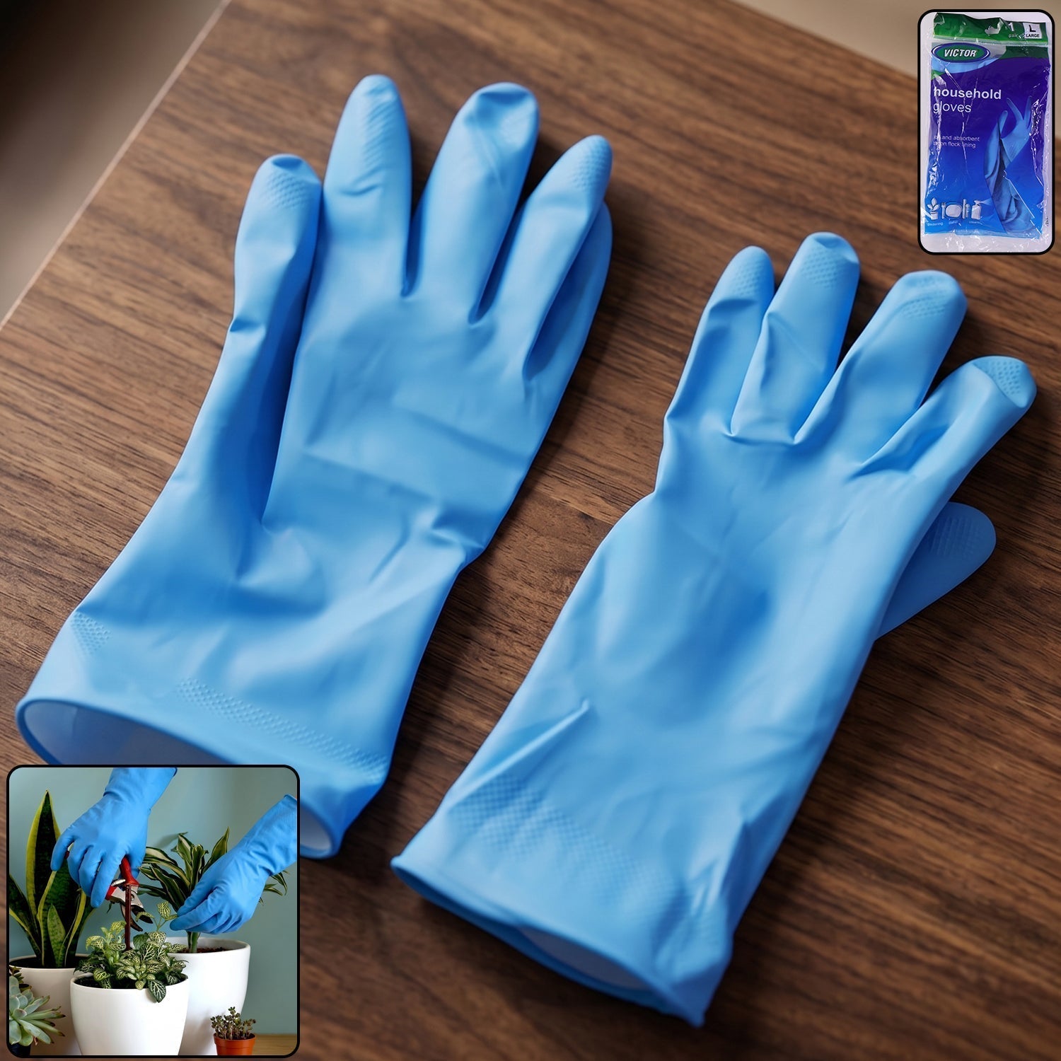 Large Victor Blue Cleaning Rubber Gloves Reusable Kitchen Dishwashing (1 Pair)