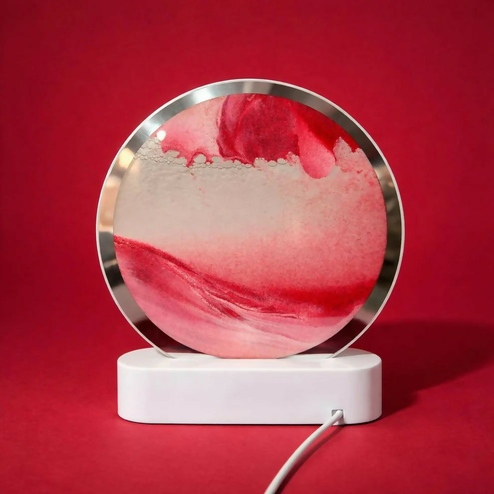 Red Moving Sand Art LED Lamp Round Decorative Desk Night Light