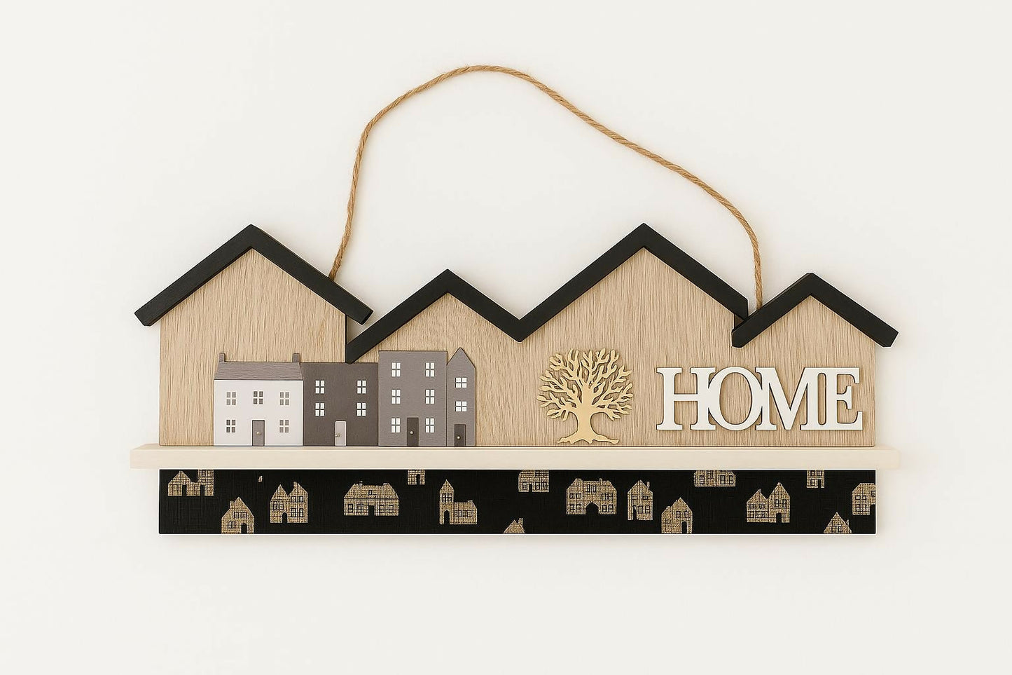 Wooden Home Wall Hanging keystand Decor with Miniature House Design and Rope Handle â€“ Decorative Shelf Art with 3D Tree and 'HOME' Letters, Ideal for Living Room, Entryway, or Farmhouse Style Interiors