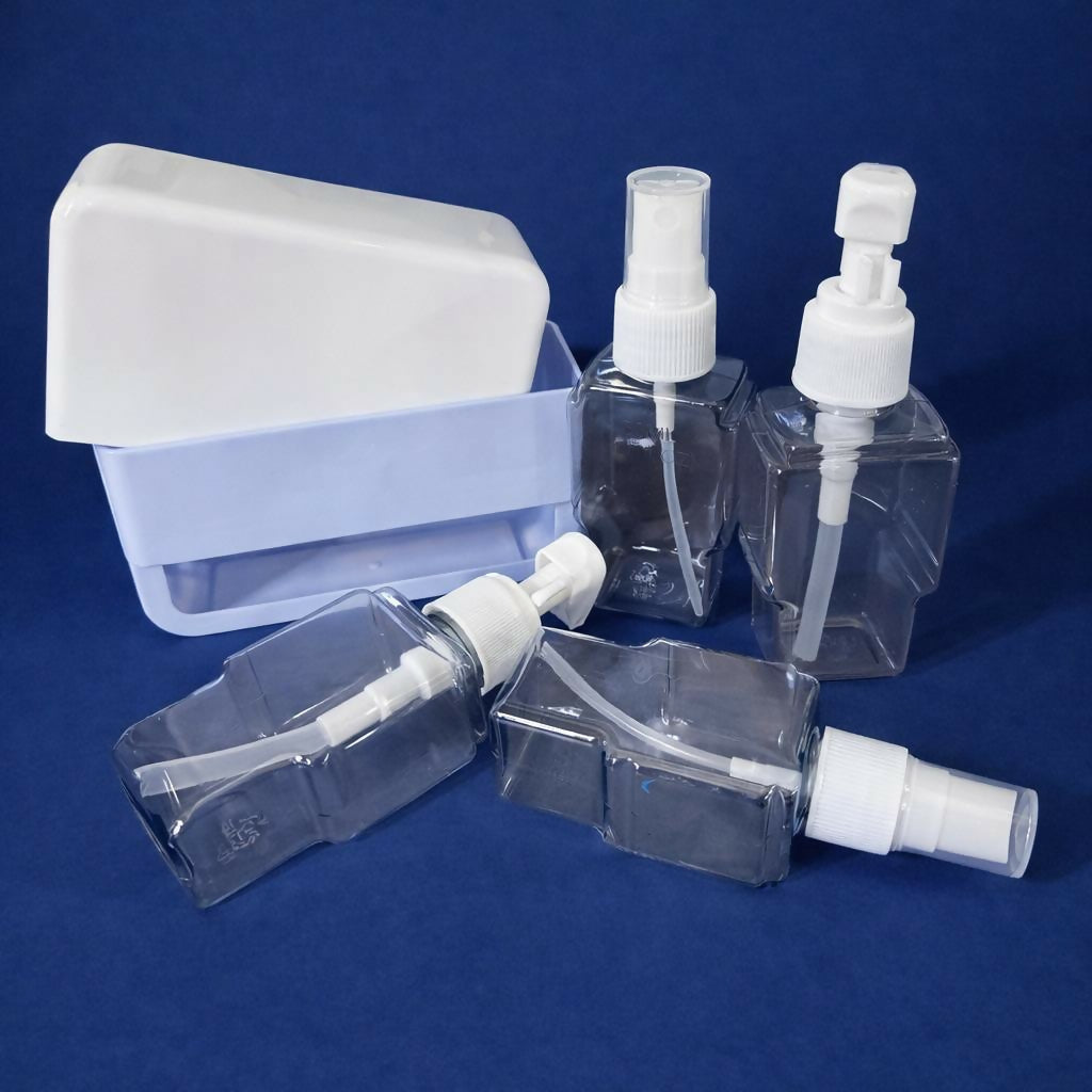 Blue Portable Travel Bottle Set with Pump and Spray Dispenser Kit