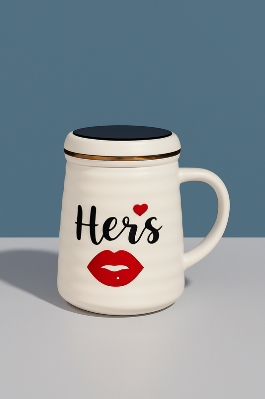 Cute White Ceramic "Hers" Mug with Red Lip Print and Lid