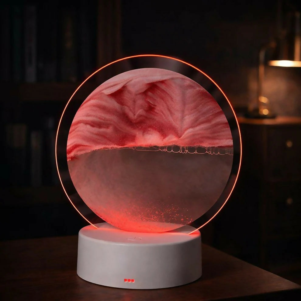 Red Sand Round LED Acrylic Table Lamp with Abstract Art Design