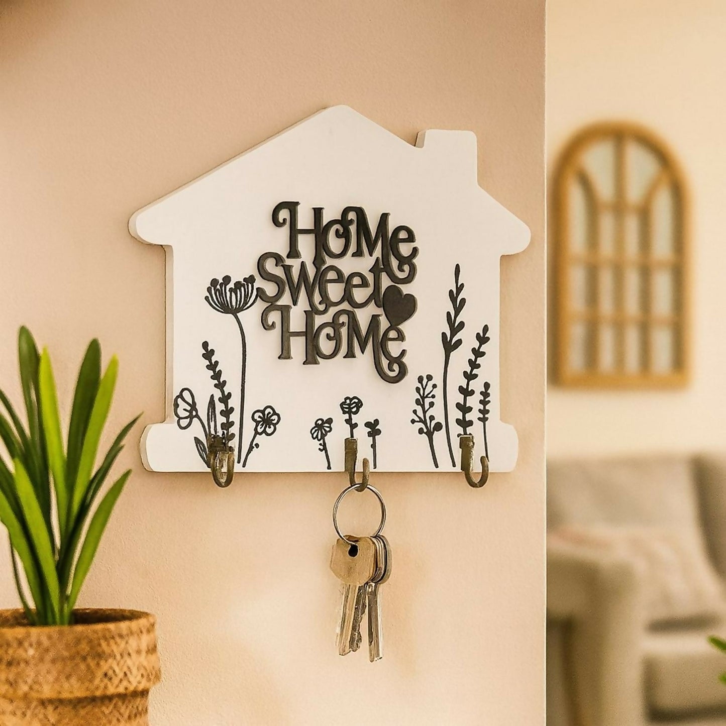 Home Sweet Home Wooden Key Holder Wall Mount with Hooks