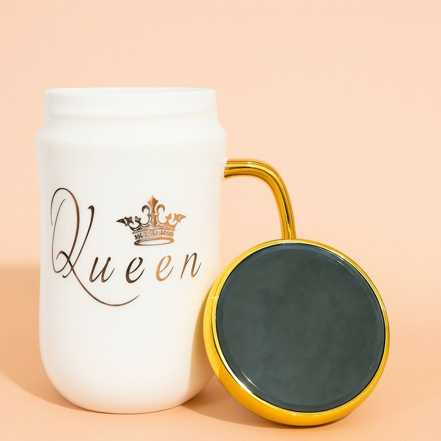 Premium Queen Ceramic Mug with Lid | Luxury Golden Handle & Crown Print | Stylish Tea & Coffee Cup for Women | Elegant Gift Mug for Wife, Girlfriend, Sister, Mom | Heat-Retaining Lid | Designer Mug for Home & Office (White â€“ Queen Edition)