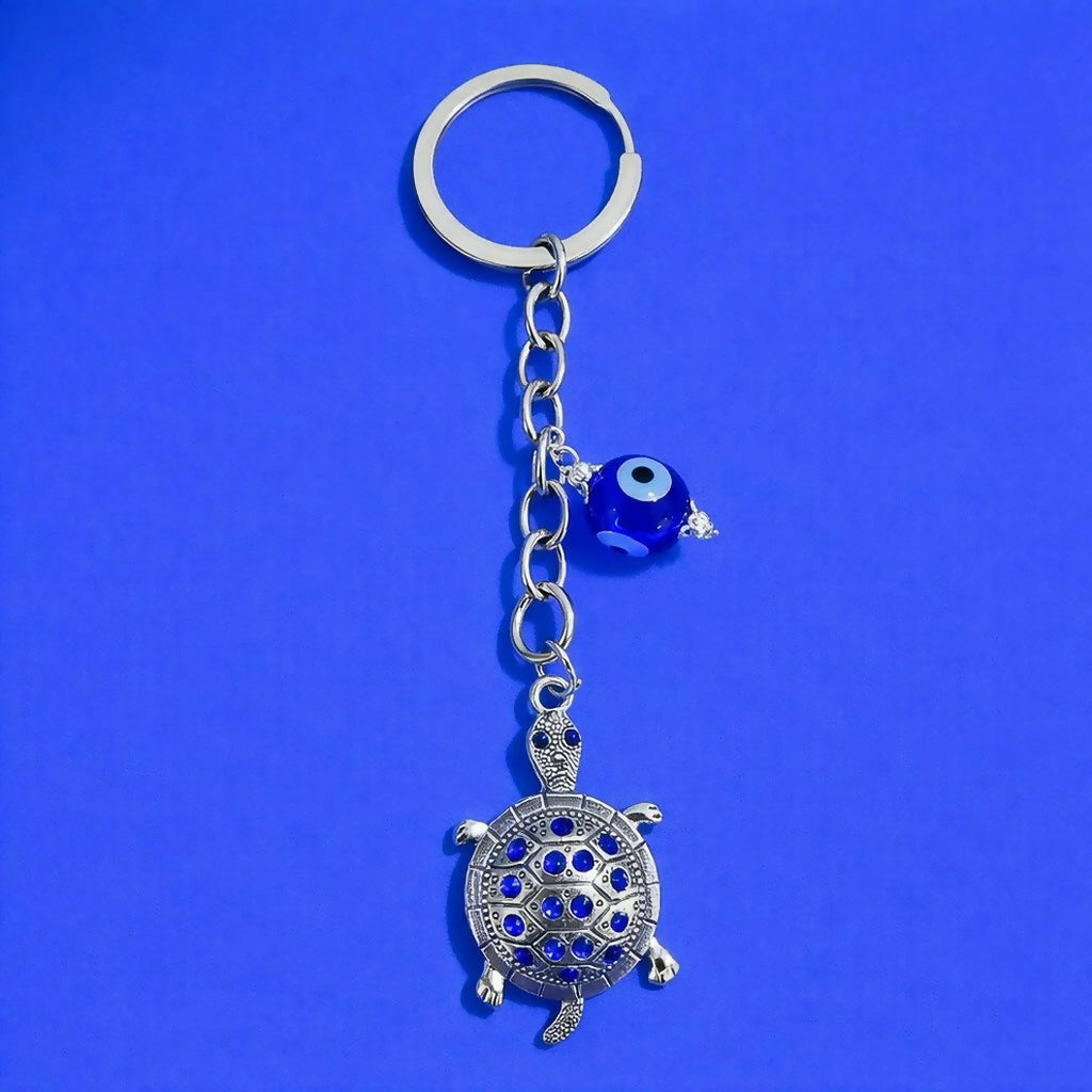 Turtle Keychain with Evil Eye Charm Metal Key Ring Pendant