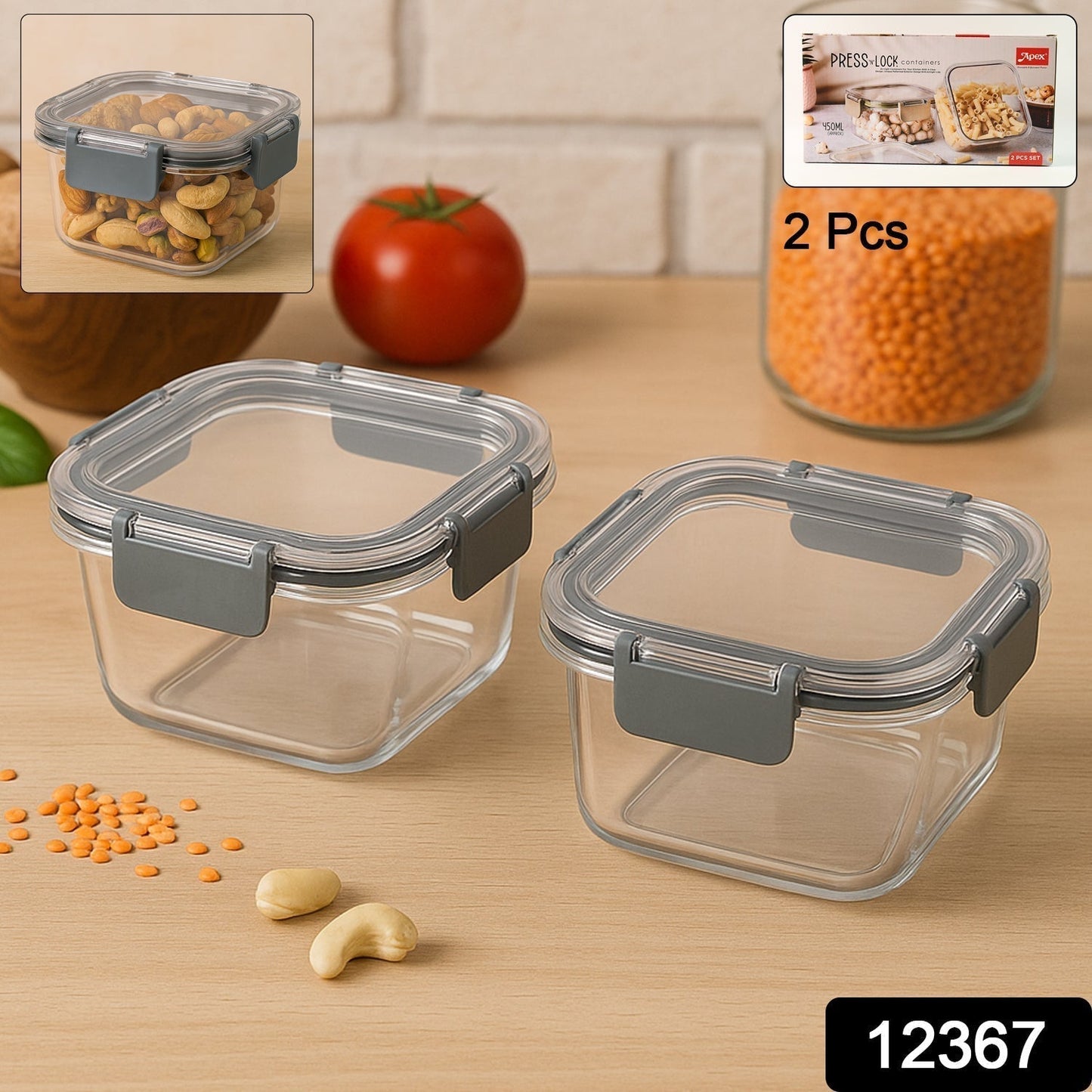Apex Press Nâ€™ Lock Airtight Food Storage Container Set (2Pc/450ml) Approx
