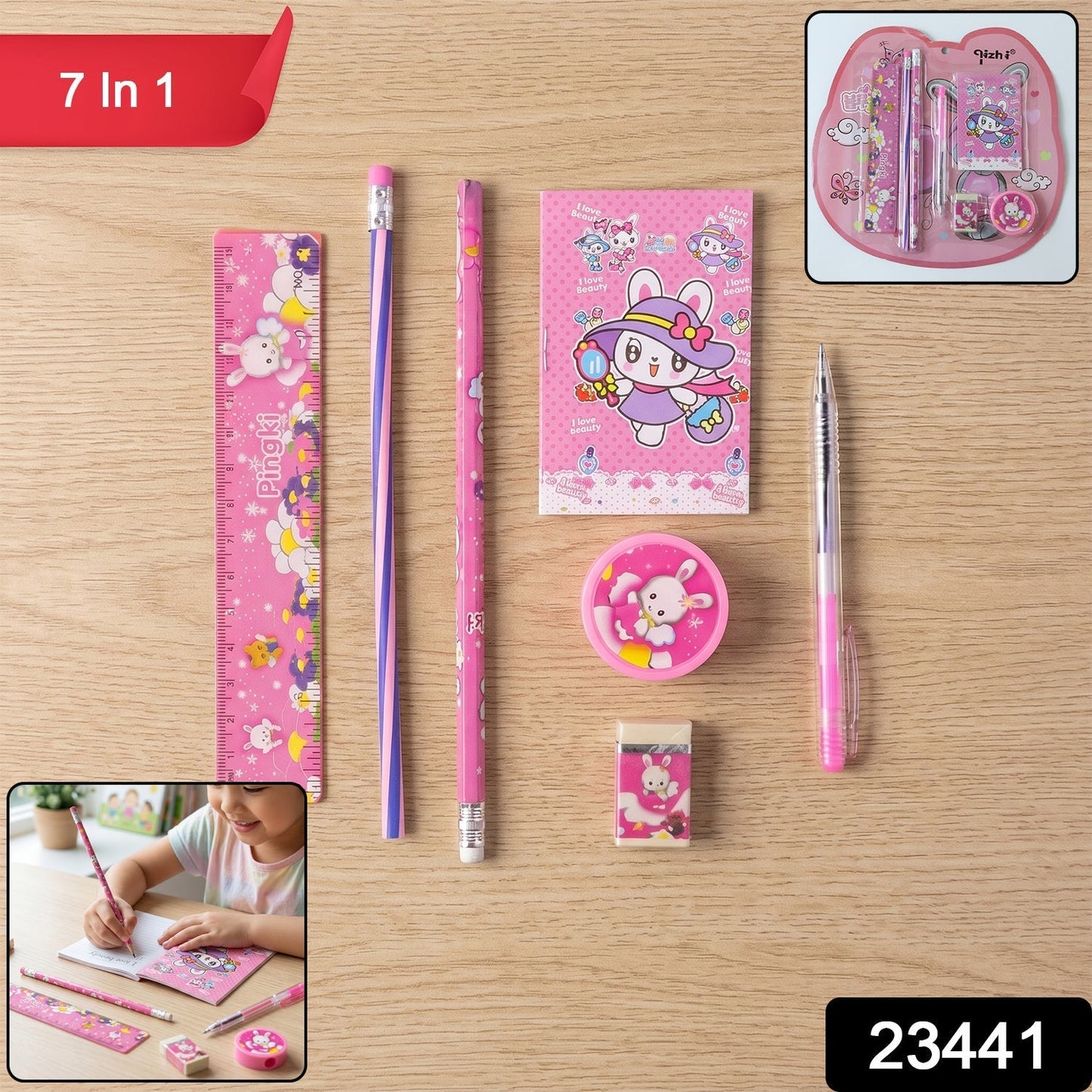 7-In-1 Cute Pink Stationery Set with Ruler, Pencil, Eraser, Pen, Notebook, Sharpener