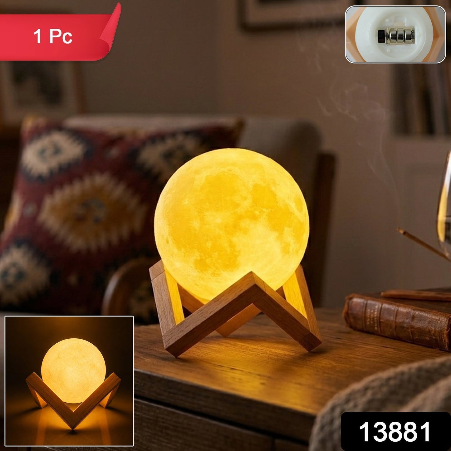 LED Ball Night Lamp with Wooden Stand (1 Pc)