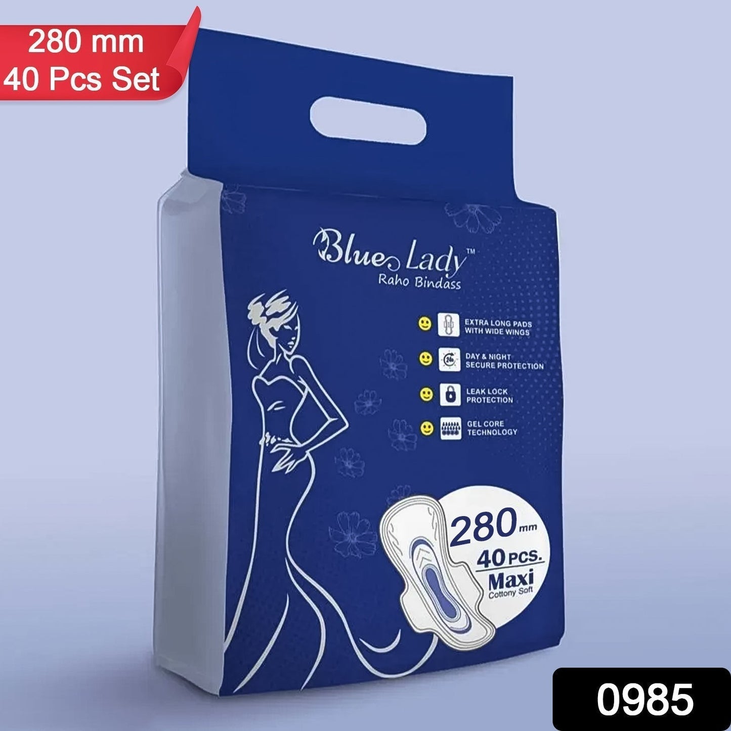 Beautiful Basics Blue Lady Long Pads With Wides Wings Sanitary Pads â€“ 280 mm, 40-Pack