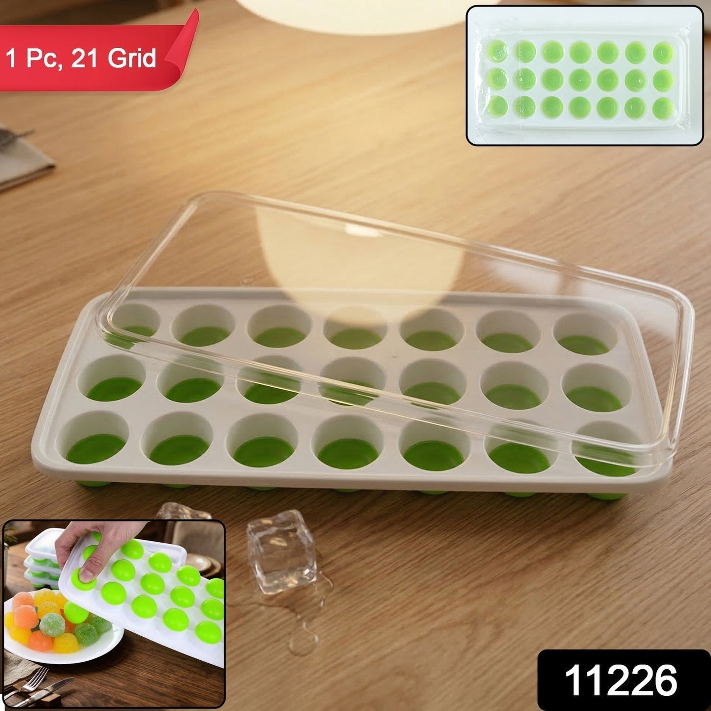 21 Grid Plastic Round Pop Ice Cube Tray with Lid (1 Pc)