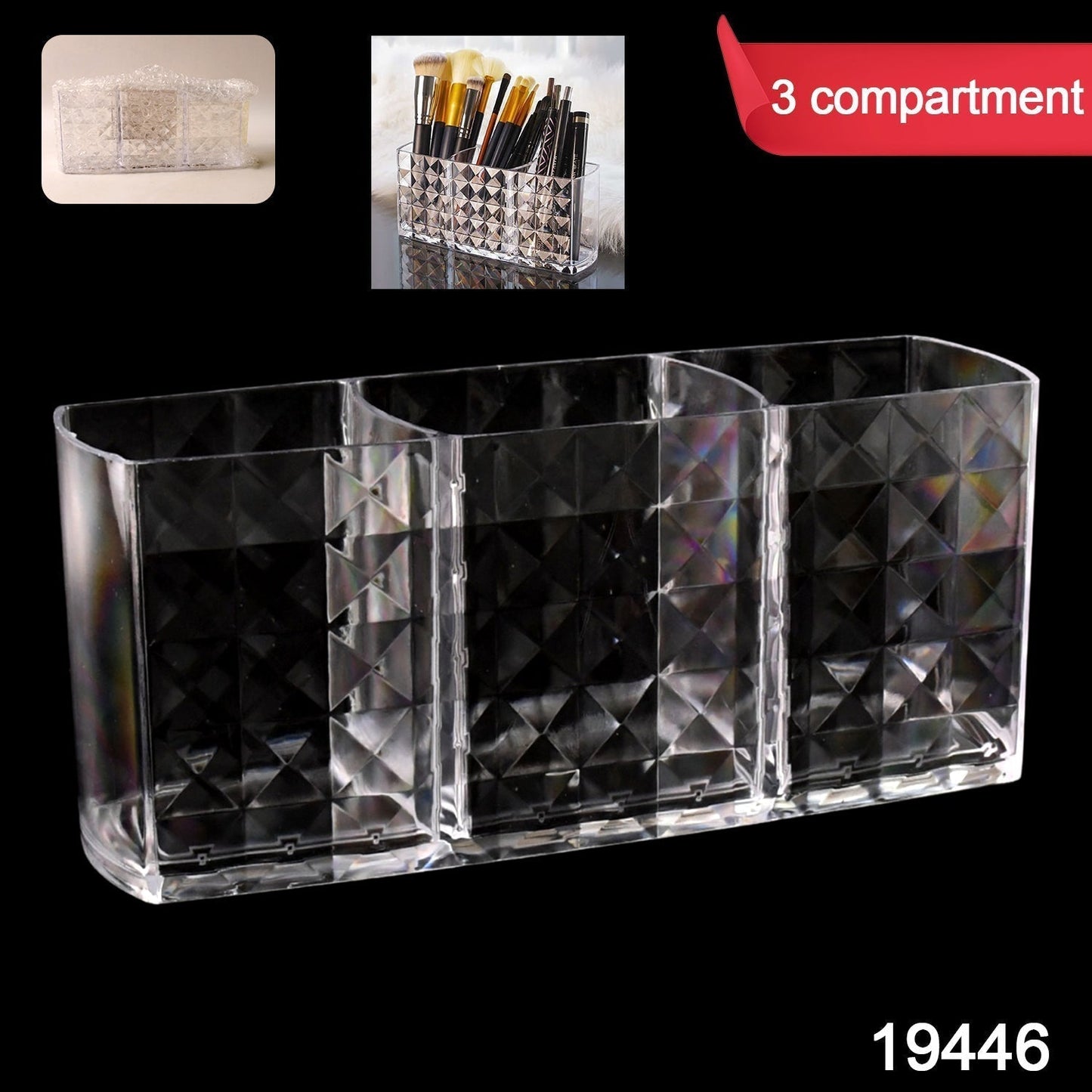 Elegant Crystal-Effect 3-Compartment Acrylic Makeup Brush Holder (1 Pc)