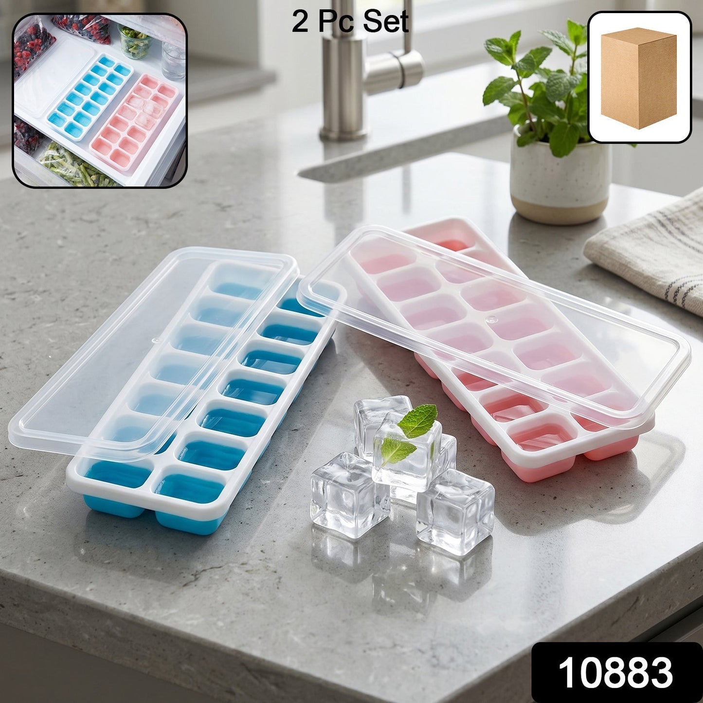 Multipurpose Plastic Ice Cube Tray With Lid (Pack of 2, 14 Grid Each)