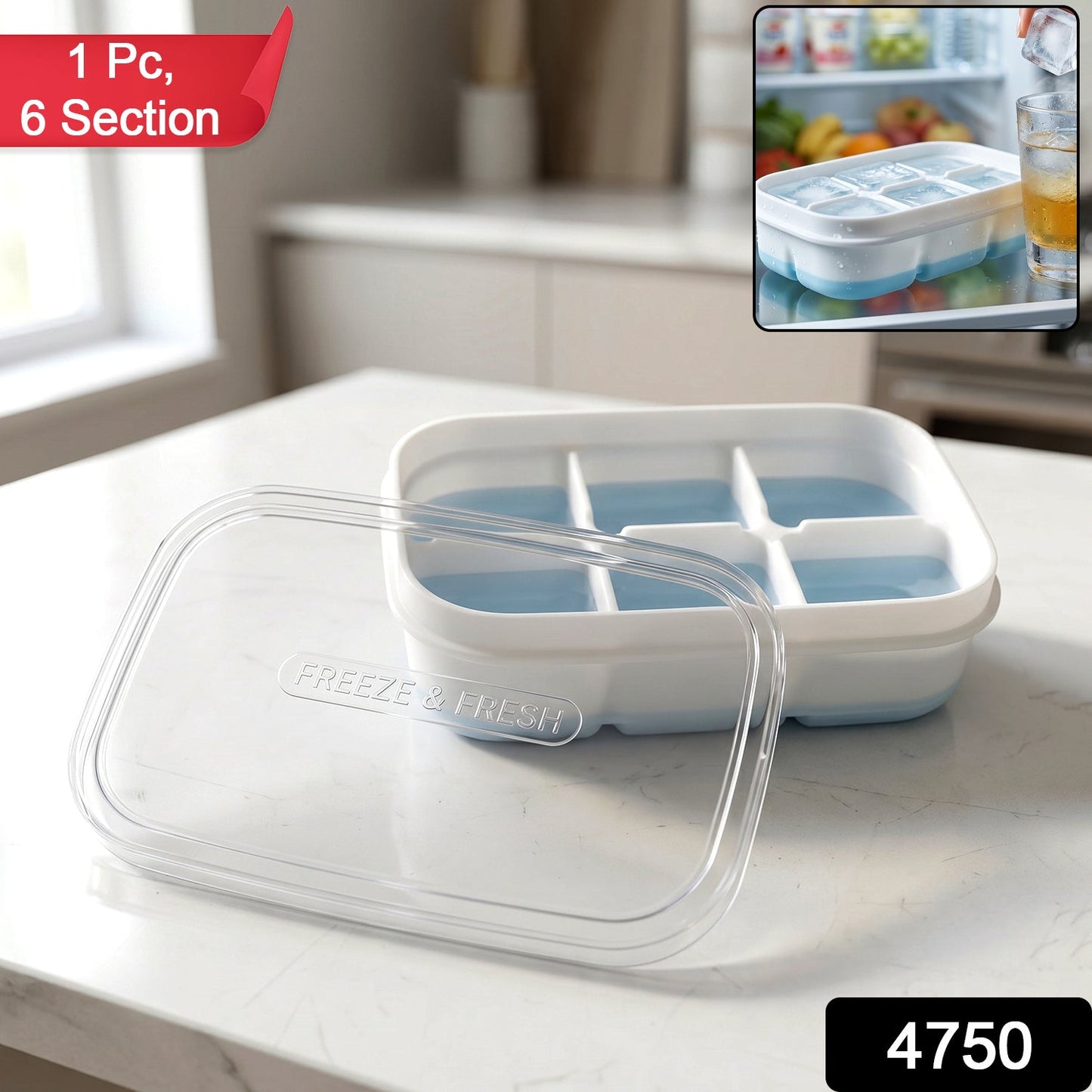 Mini Plastic 6 Cavity Ice Tray - Freeze & Fresh, Compact Ice Cube Tray
