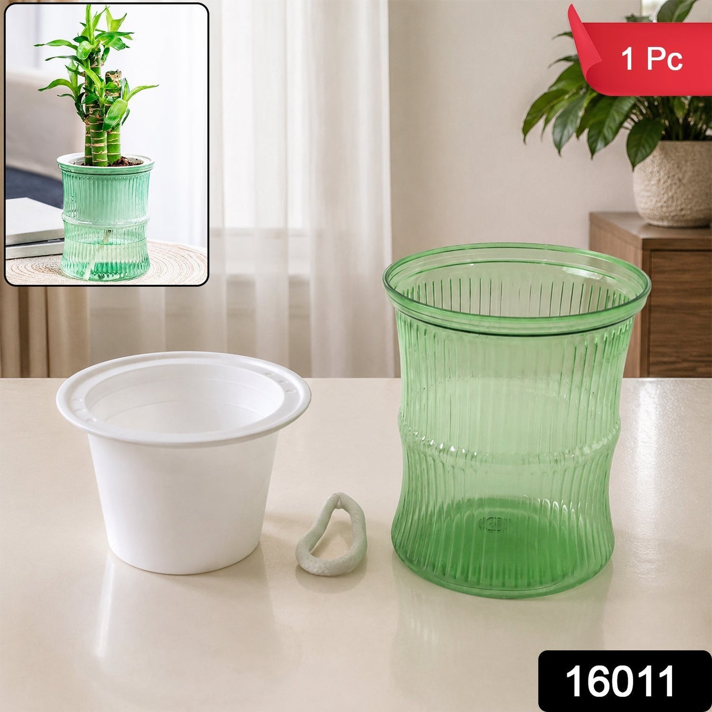 Self-Watering Bamboo Style Plastic Flower Pot with Cotton Wick (1 Pc)