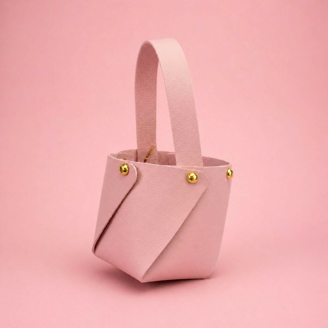 Pink Mini Bucket Handbag with Handle and Stud Detail Compact Size