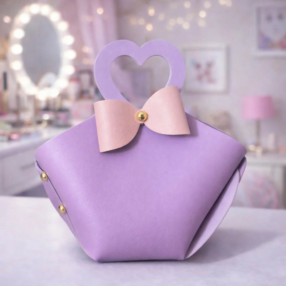 Purple Mini Handbag with Heart Handle Bow Design Compact Cute Purse