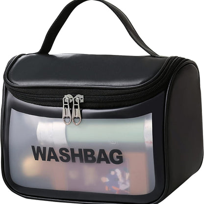 Premium Clear Travel Toiletry Wash Bag | Waterproof Cosmetic Organizer with Sturdy Handle (Black)