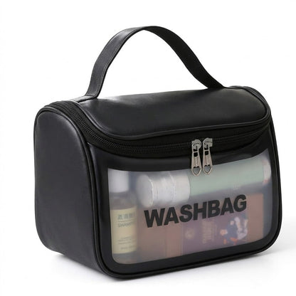 Premium Clear Travel Toiletry Wash Bag | Waterproof Cosmetic Organizer with Sturdy Handle (Black)