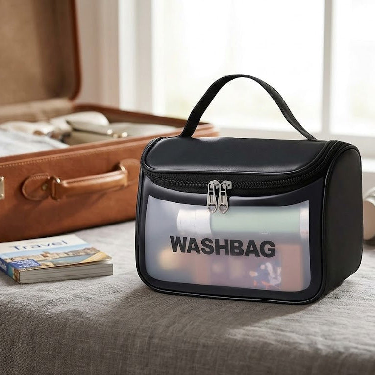 Premium Clear Travel Toiletry Wash Bag | Waterproof Cosmetic Organizer with Sturdy Handle (Black)