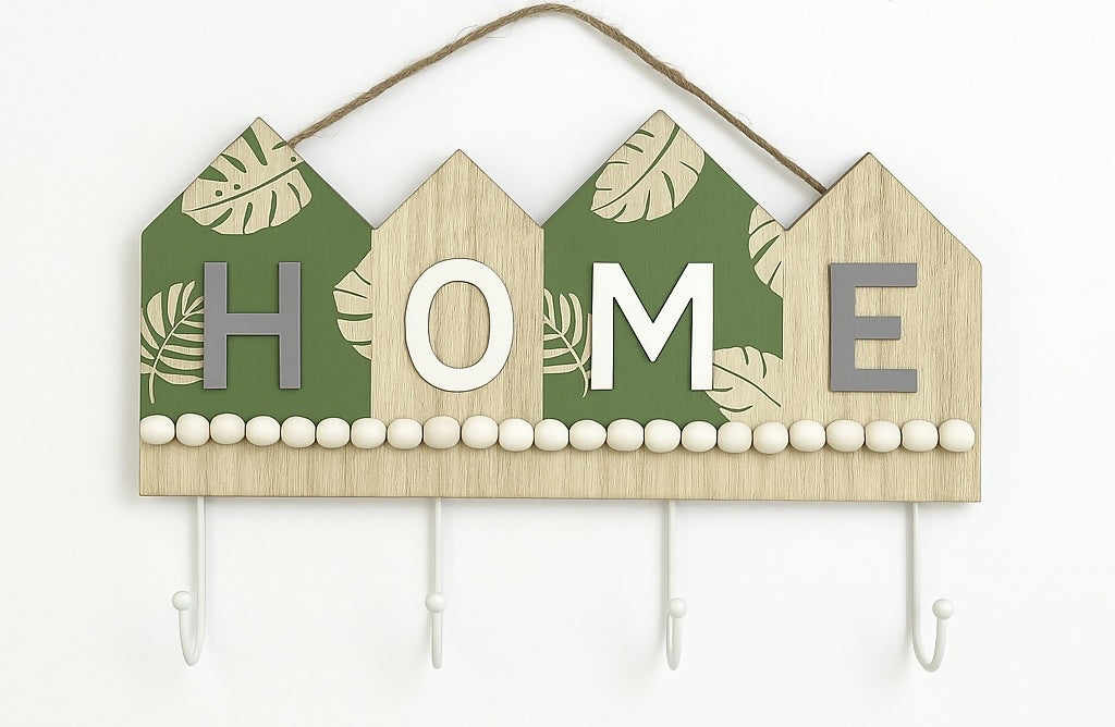 Wooden HOME Key Holder with 4 Hooks â€“ Rustic Entryway Decor