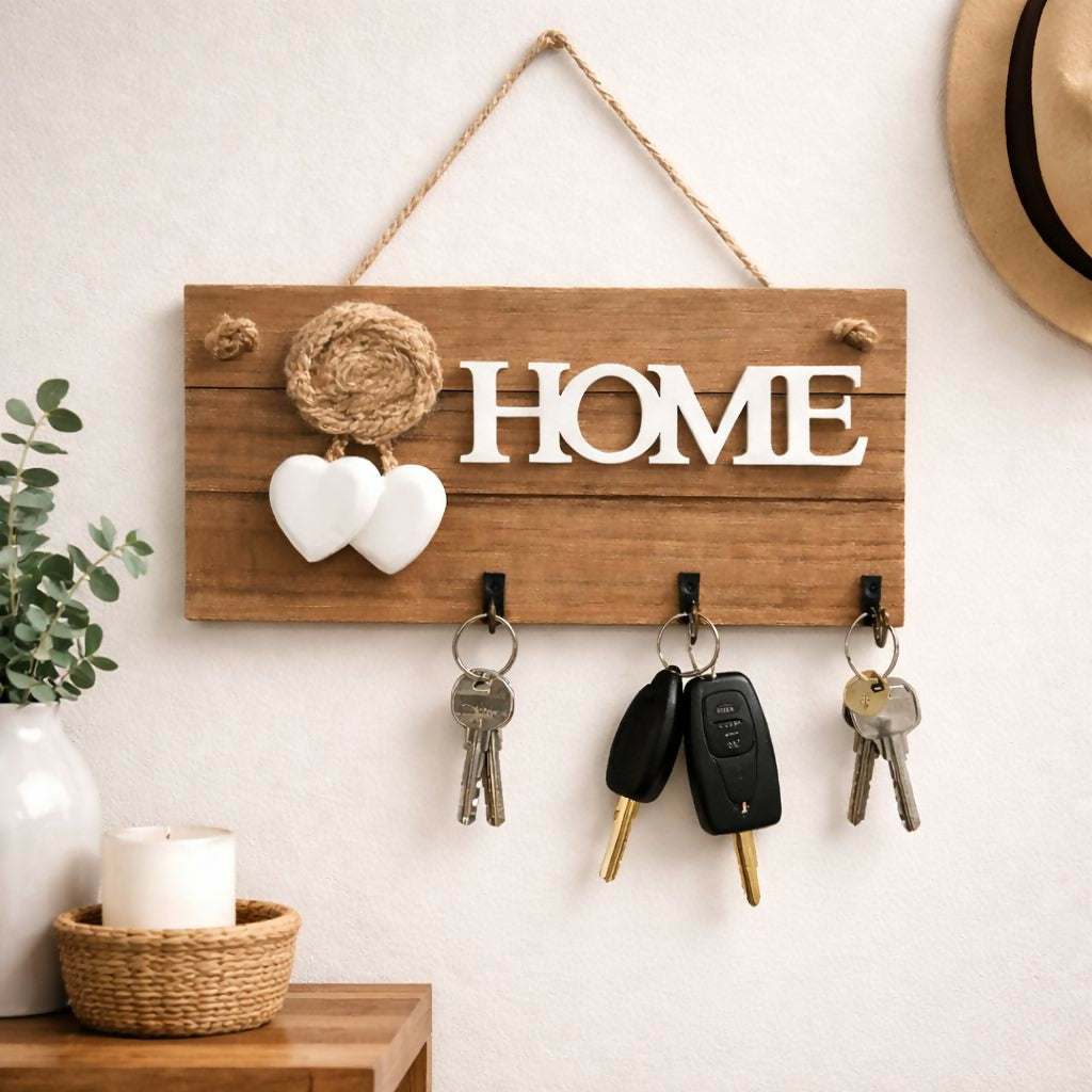 Wooden HOME Key Holder Wall Mount with 3 Hooks Organizer